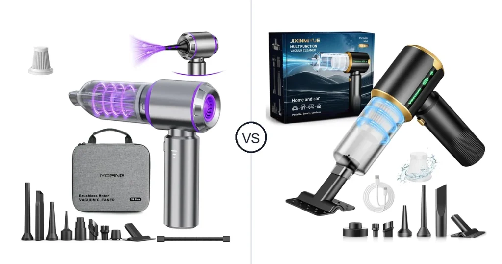 Comparison of IYOFINE Vacuum/Air Duster Super Power Mini Car and JIXINMIYUE Cordless Car Vacuum Cleaner: 7-in-1 &